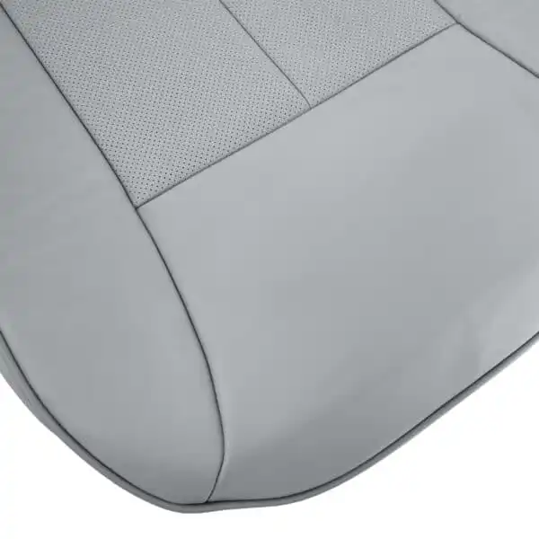 Mercedes-Benz Clase E 1996-2002, color ceniza, cuero genuino perforado, para conductor o pasajero, parte inferior, estilo OEM, funda de asiento de repuesto, vista cercana. Mercedes-Benz Clase E 1996-2002 | Fundas de asiento de repuesto OEM